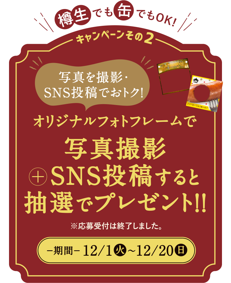 樽生でも缶でもOK!写真を撮影・SNS投稿でおトク！オリジナルフォトフレームで写真撮影+SNS投稿すると抽選でプレゼント！！−期間−12/1（火）〜12/20（日）※応募受付は終了しました。